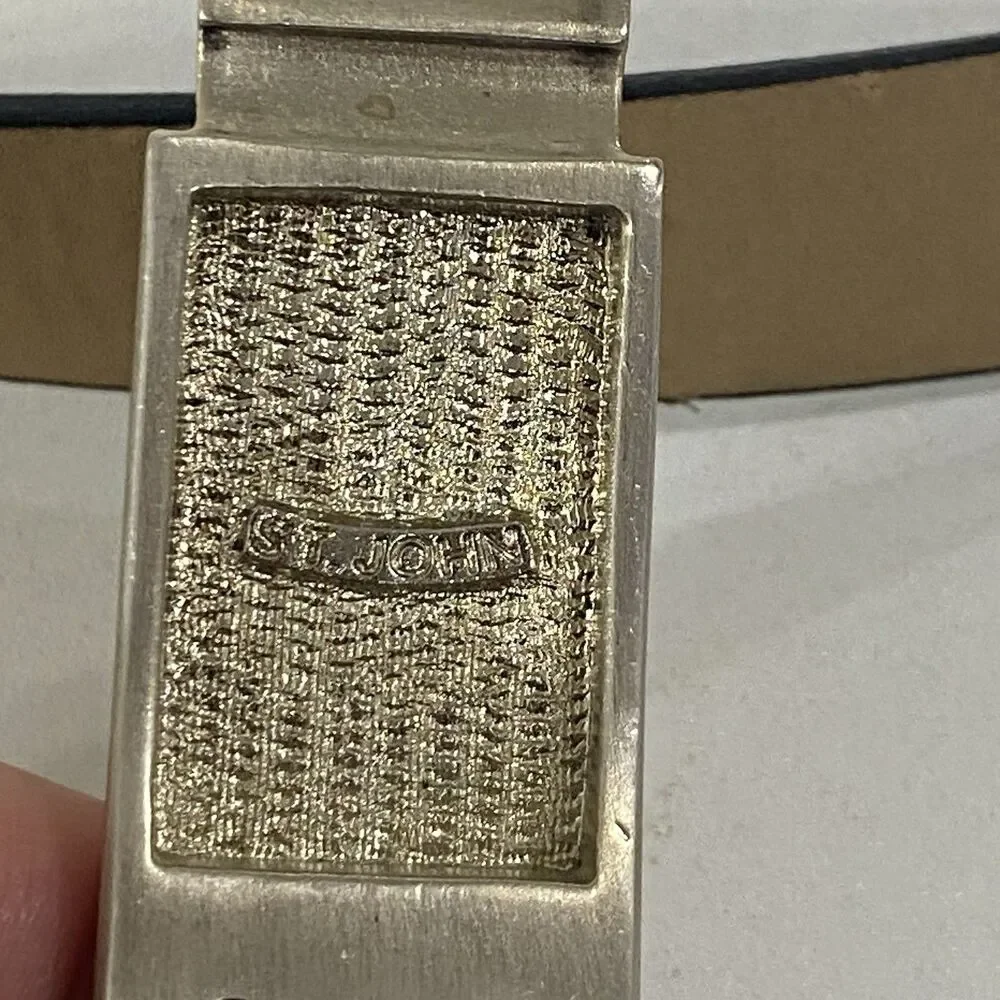 Vtg st john Black leather Silver Tone Buckle LARGE Narrow classic Careercore